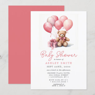 Convite Balões de Urso de Pelúcia Rosa para Chá de Bebê Me