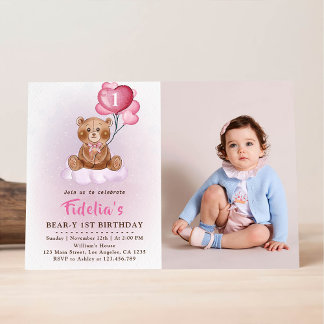Convite Balões de Urso de Pelúcia Rosa para Foto de Primei
