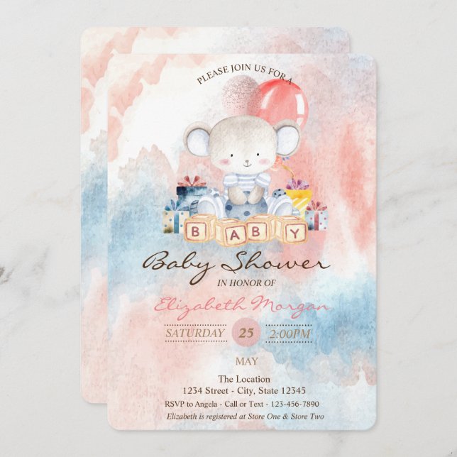 Convite Balões de Urso de Teddy Chá de fraldas de Aquarela (Frente/Verso)