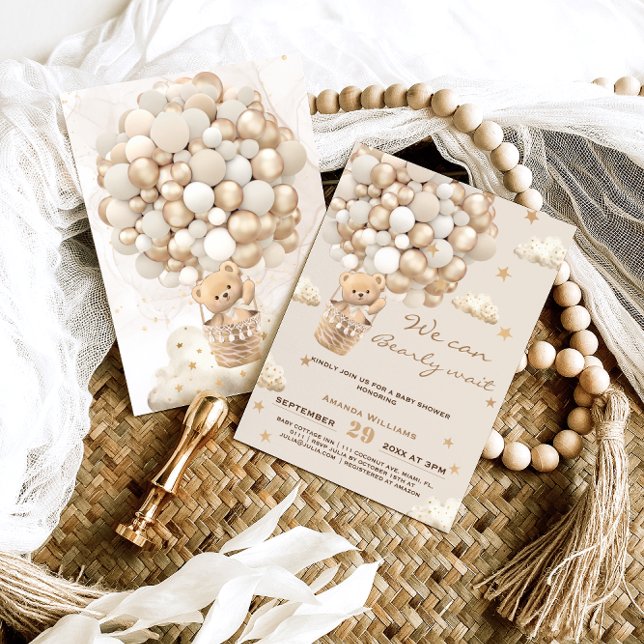 Convite Balões de Urso Esperam Dourado Chá de fraldas Neut (Criador carregado)