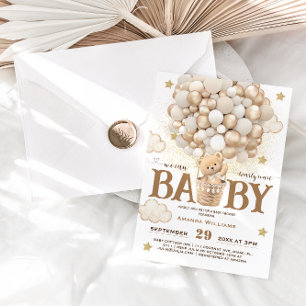 Convite Balões de Urso Mal Esperam Boho Branco Chá de Bebê