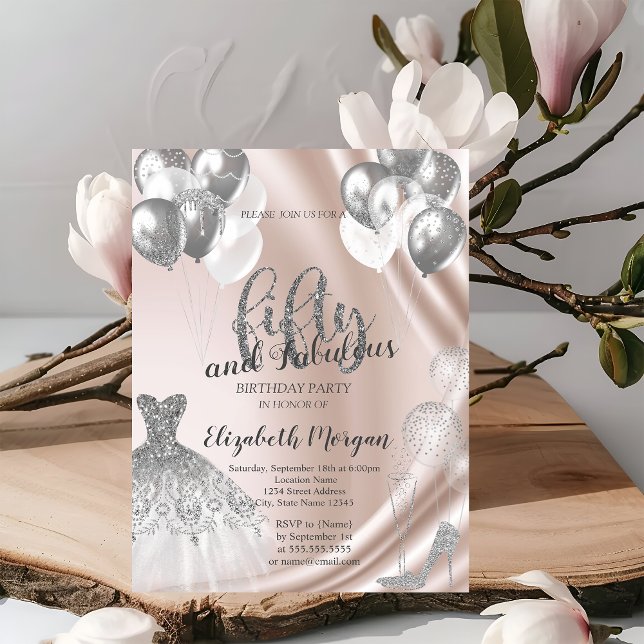 Convite Balões de Vestido de Prata Alto 50º Aniversário (Criador carregado)