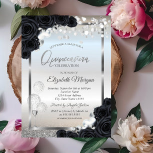 Convite Balões de Vidro de Vinho Rosas Pretas Quinceañera