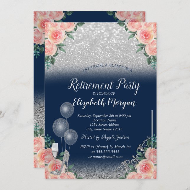 Convite Balões de vidro Marinho Floral Brilhante Aposentaç (Frente/Verso)