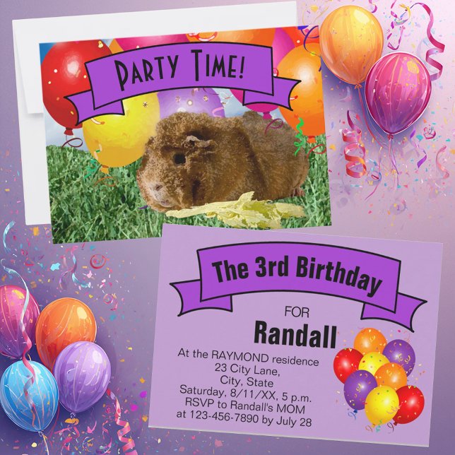 Convite Balões do Partido aniversário de 3 anos para Crian (Guinea pig & balloon party invitation template predominantly purples for kid's special occasion.)