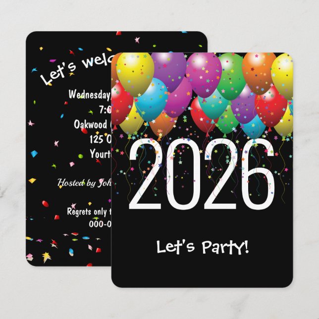 Convite Balões do Partido do Ano Novo 2026 (Frente/Verso)