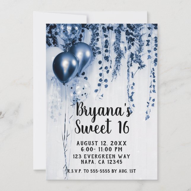 Convite Balões do Partido Metálico Azul Ivy White Sweet 16 (Frente)