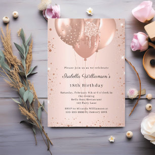 Convite Balões dourado rosa aniversário