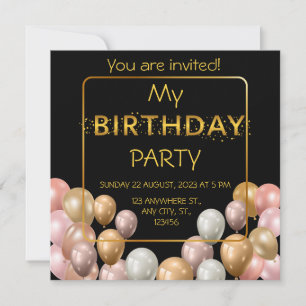 Convite Balões Dourados. Aniversário elegante