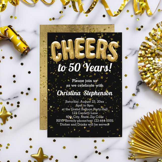Convite Balões Dourados aplaudem 50 anos 50 anos 50 anos a (gold cheers to 50 years 50th birthday party invitation)