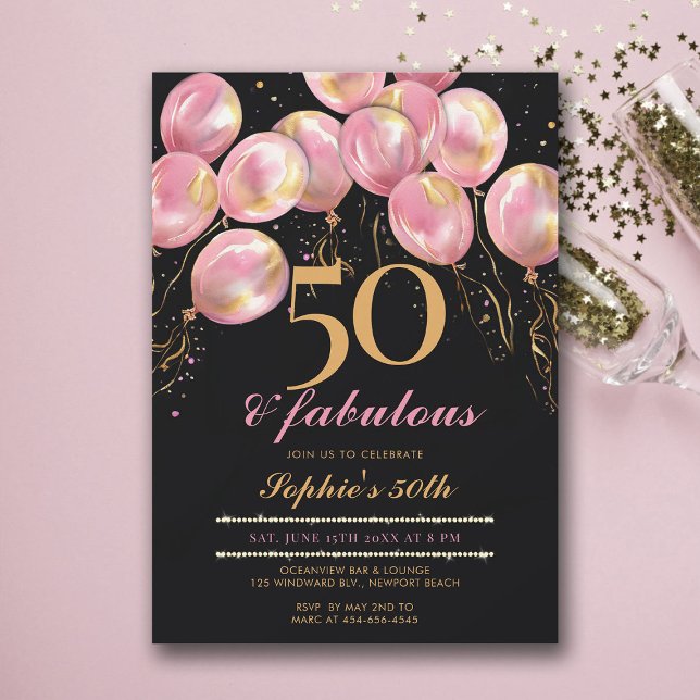 Convite Balões Dourados, cor-de-rosa, 50.o aniversário (50th birthday invitations for women balloons arch pink gold black calligraphy modern glam)