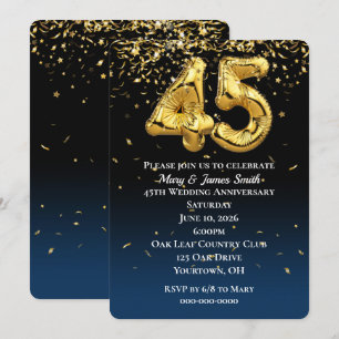Convite Balões Dourados de Aniversário de 45 Anos & Confet