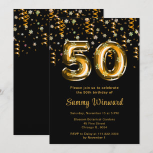 Convite Balões Dourados de Aniversário de 50 anos com Conf