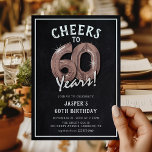 Convite Balões Dourados de Rosa de quadro rápido 60.o aniv<br><div class="desc">Celebrando a 60! Estes 60º convites para a festa de aniversário foram projetados com o título 'Saúde até 60 anos!'. Apresentando um fundo chalkboard rústico,  rosa de ouro 60 balões de hélio,  tipografia branca moderna e uma modelo simples de festa de aniversário que é fácil de personalizar.</div>