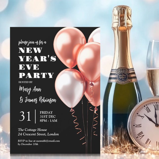 Convite Balões Dourados de Rosa MODERNA Véspera de ano nov (MODERN New Years Eve Rose Gold Balloons Black Invitation)