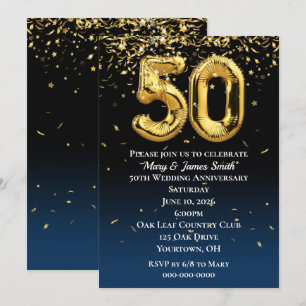 Convite Balões Dourados do 50º aniversário e Confetti