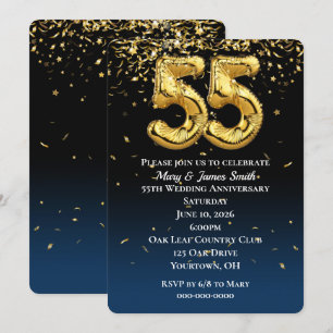Convite Balões Dourados do 55.º aniversário e Confetti