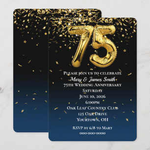 Convite Balões Dourados do 75º aniversário e Confetti I