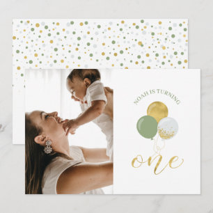 Convite Balões Dourados e Salvia   Festa de 1º Aniversário