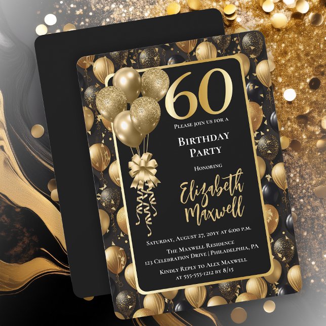 Convite Balões Dourados Elegantes de Lâmpadas Látter Preta (Elegant Black Gold-Tone Faux Glitter Balloons Pattern 60th Birthday Party Invitation 
Print Digital)