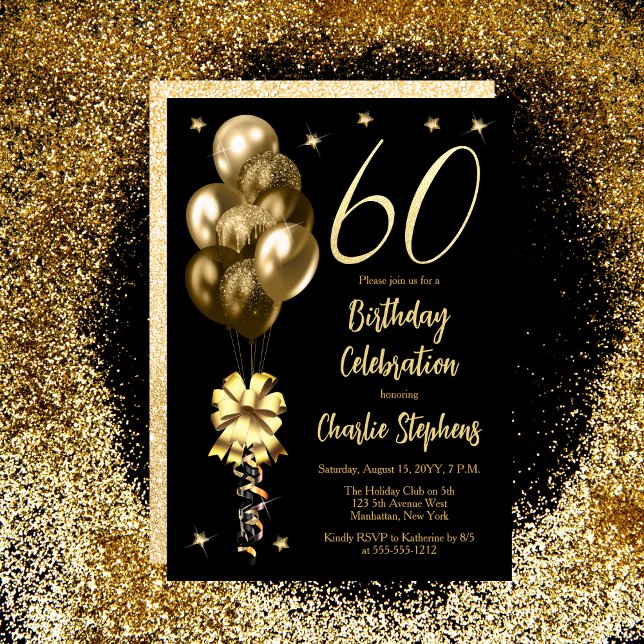 Convite Balões Dourados Elegantes na Festa de aniversário  (Elegant Gold-Toned Balloons on Black 60th Birthday Party Invitation)