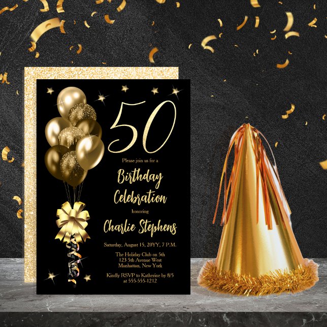 Convite Balões Dourados Elegantes na Festa de aniversário  (Elegant Gold-Toned Balloons on Black Dramatic 50th Birthday Invitation)