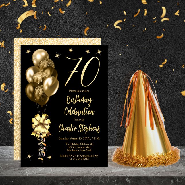 Convite Balões Dourados Elegantes na Festa de aniversário  (Elegant Gold-Toned Balloons on Black 70th Birthday Party Invitation)