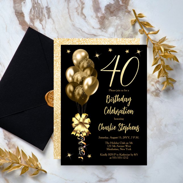 Convite Balões Dourados Elegantes no partido Black anivers (Elegant Gold-Toned Balloons on Black 40th Birthday Party Invitation)