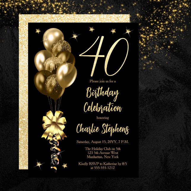 Convite Balões Dourados Elegantes no partido Black anivers (Elegant Gold-Toned Balloons on Black 40th Birthday Party Invitation)