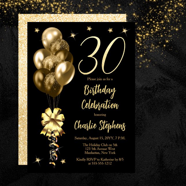 Convite Balões Dourados Elegantes no partido Black anivers (Elegant Gold-Toned Balloons on Black 30th Birthday Party Invitation)