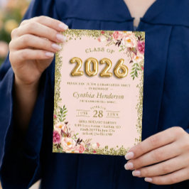 Convite Balões Dourados Florais Rosa-Rosa 2023 Graduação