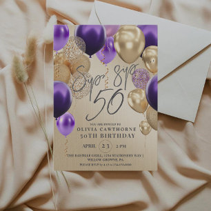 Convite Balões Dourados Modernos Roxos Aniversário de 50 A