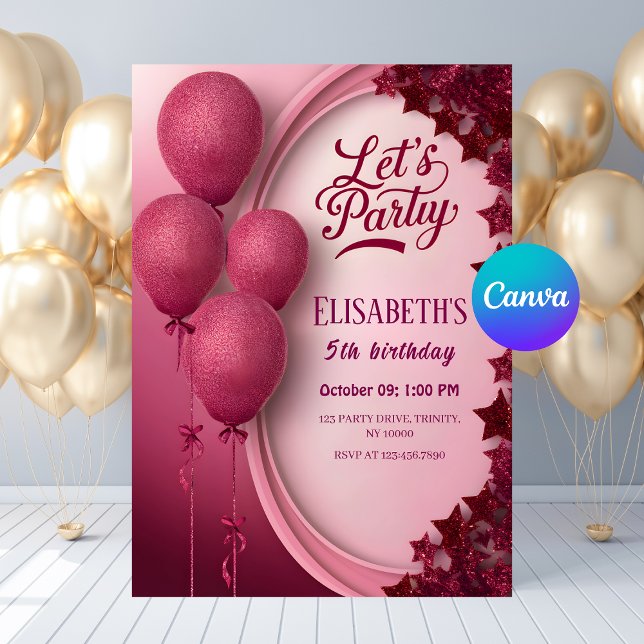 Convite Balões e Estrelas Rosa Glamorosos, Rosa Glitter, A (Glamorous Pink Glitter Balloons & Stars Birthday Invitation
)