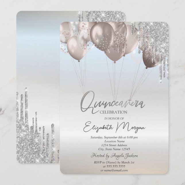 Convite Balões Elegantes com Efeito de Glitter e Gotas Pra (Frente/Verso)