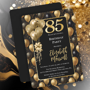 Convite Balões Elegantes de Brilho Dourado e Preto para 85