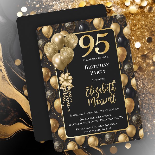 Convite Balões Elegantes Preto Dourado Brilho 95º Aniversá (Elegant Black Gold-Tone Faux Glitter Balloons Pattern 95th Birthday Party Invitation 
Print Digital)