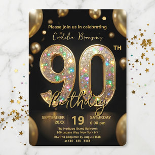 Convite Balões Elegantes Preto Dourado para Aniversário de