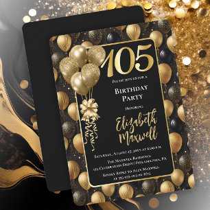 Convite Balões Elegantes Preto e Dourado para 105º Anivers