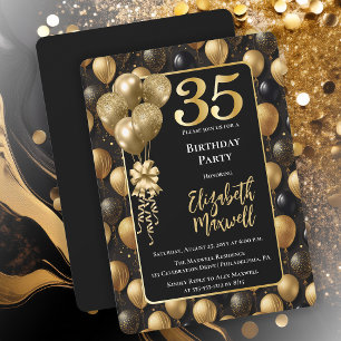 Convite Balões Elegantes Preto e Dourado para 35º Aniversá