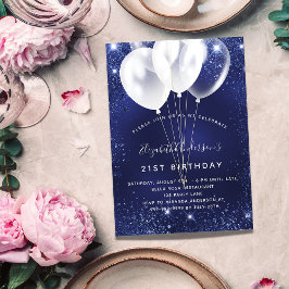 Convite Balões festas de aniversário de brilho branco azul