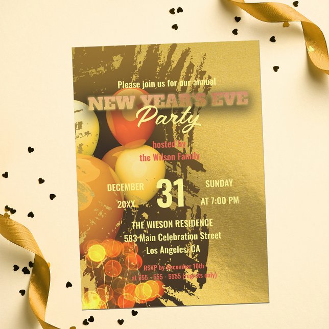 Convite Balões Festivos Luzes Confetti Véspera de Ano Novo (Criador carregado)