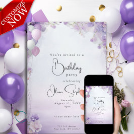 Convite Balões Florais de Sonhos Lilás QR Aniversário