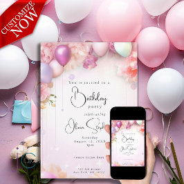 Convite Balões Florais Rosa e Lilás no Aniversário em QR