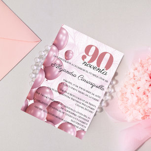 Convite Balões Florais Rosa Espanhol Bege 90º Aniversário