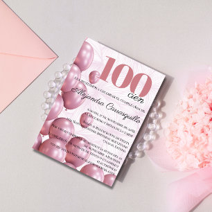 Convite Balões Florais Rosa Espanhol para 100º Aniversário