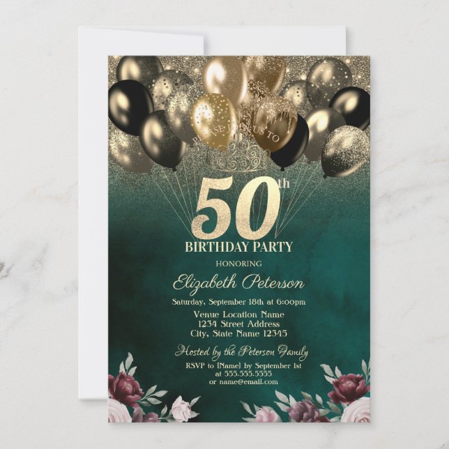 Convite Balões Flores Verde Brilho Dourado Aniversário 50  (Frente)