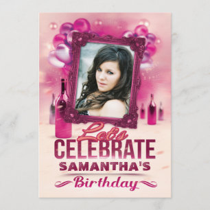 Convite Balões glamourosos e foto de aniversário rosa