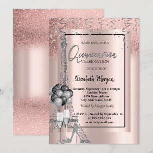 Convite Balões Glitter Eiffel Rosa Dourado Quinceañera