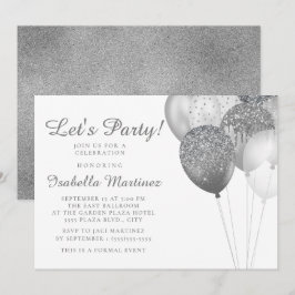 Convite Balões Glitter Prata Branco Elegantes Sweet 16