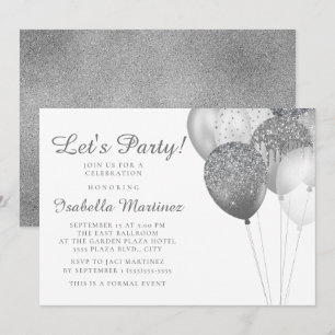 Convite Balões Glitter Prata Branco Elegantes Sweet 16